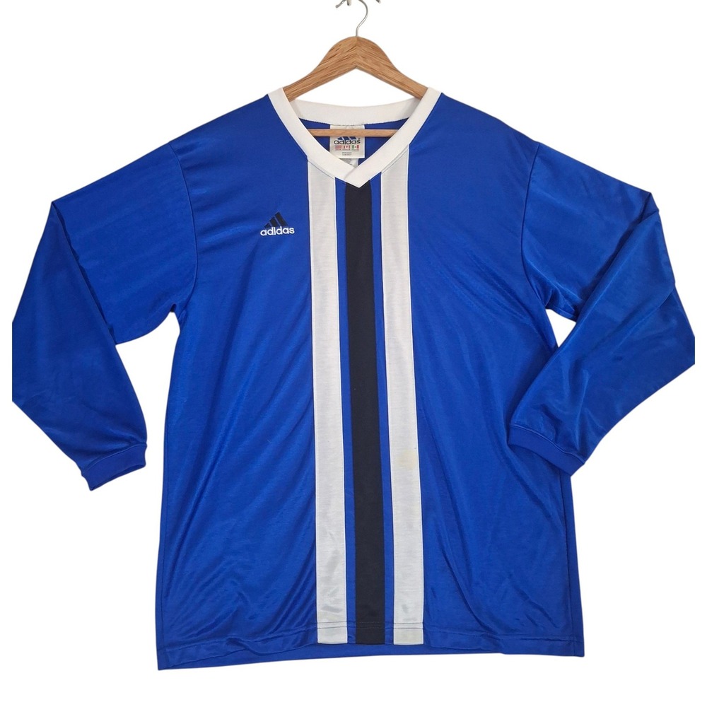 Vintage Adidas Trefoil Soccer Jersey Mens Medium Blue Long Sleeve Made In USA